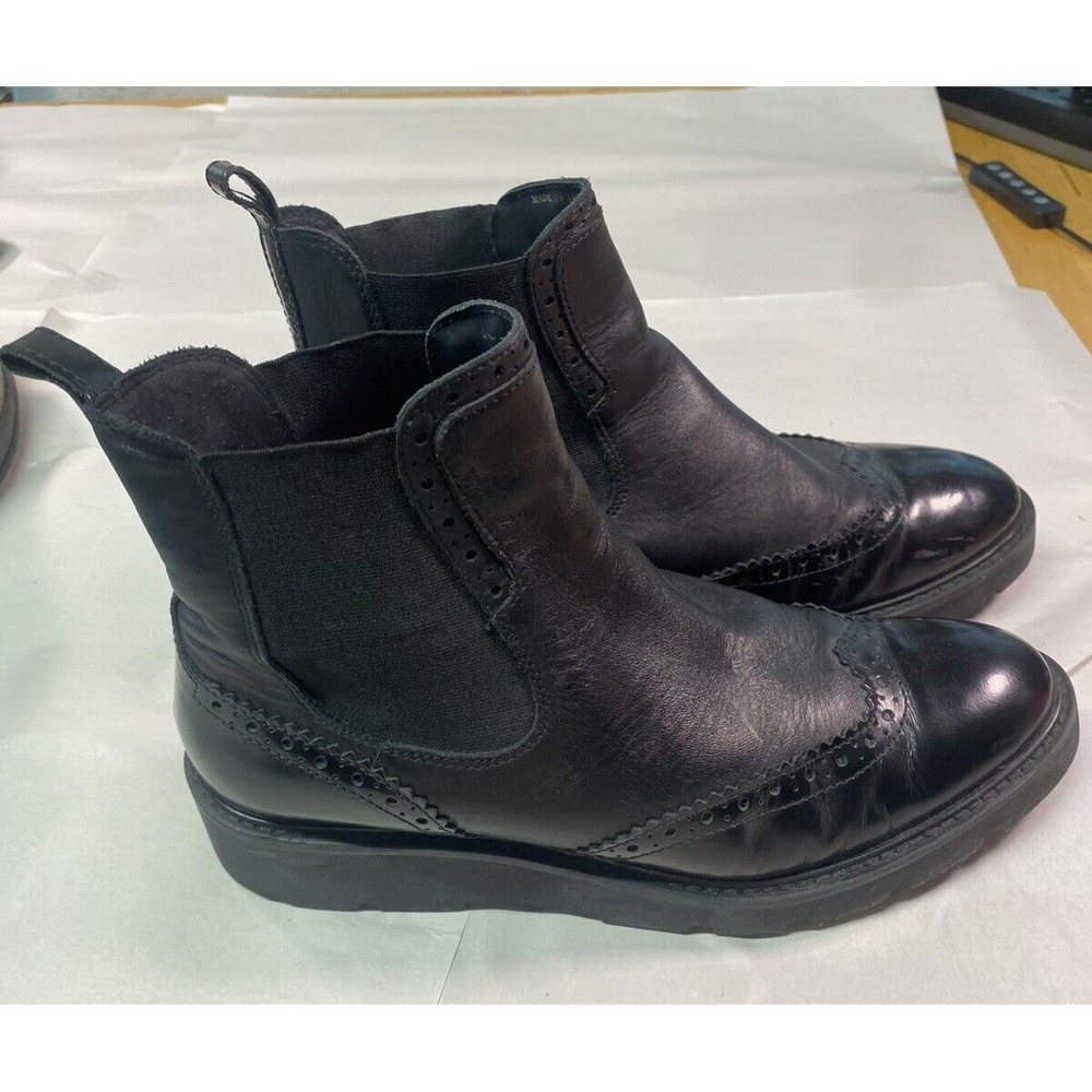 Dune London Womens Black Leather Wingtip Ankle Boots Side Elastic Size 8/39
